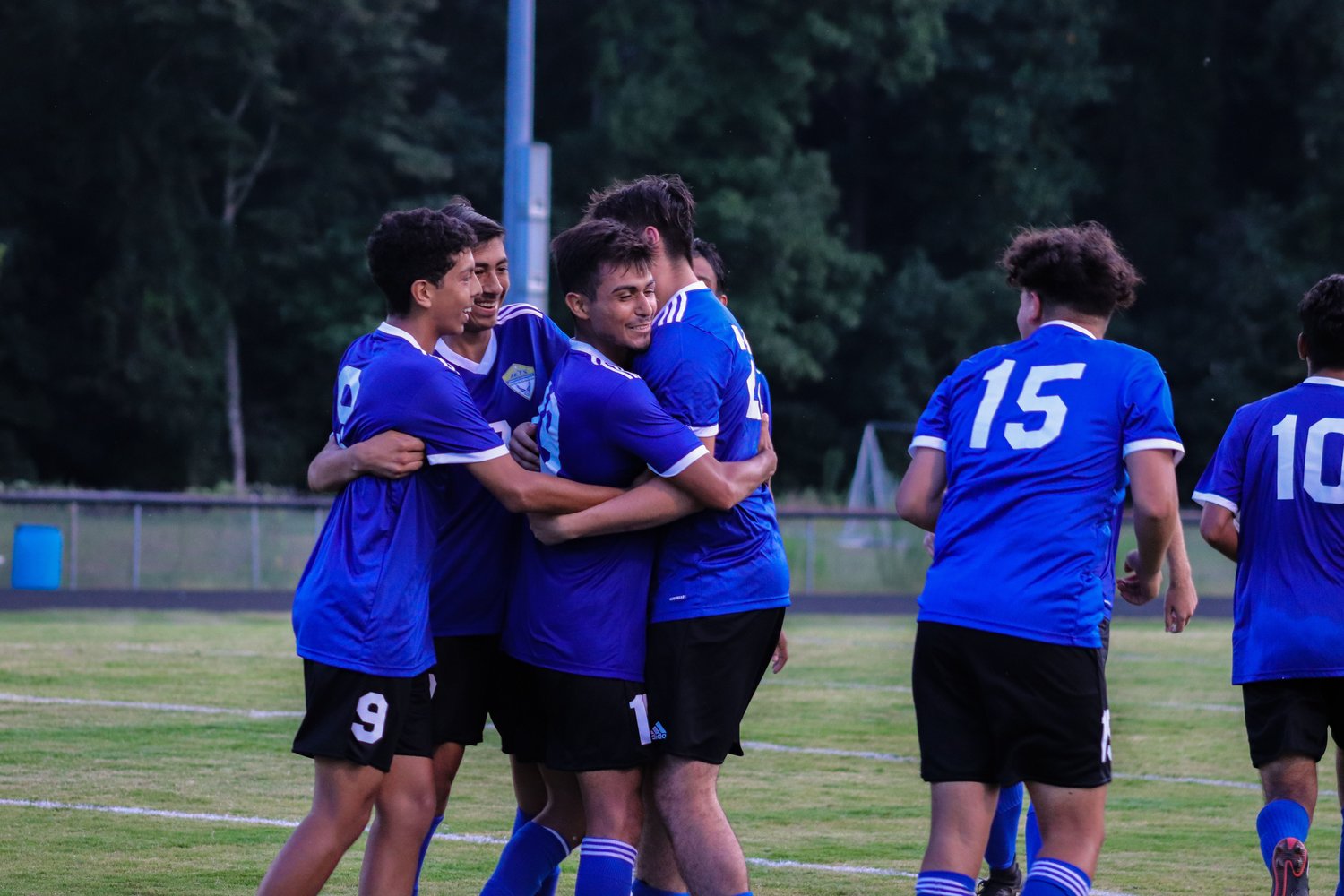 Jordan-Matthews players celebrate one of the team's four goals in the Jets' 4-1 season-opening win over Northwood last Thursday in Siler City. J-M came back from a 1-0 deficit in the first half to win, scoring four unanswered goals in the process.